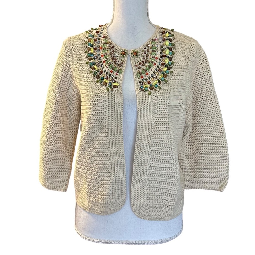 Cynthia Steffe Jewel Embellished Open Front Cotton Cardigan Sweater SZ Large